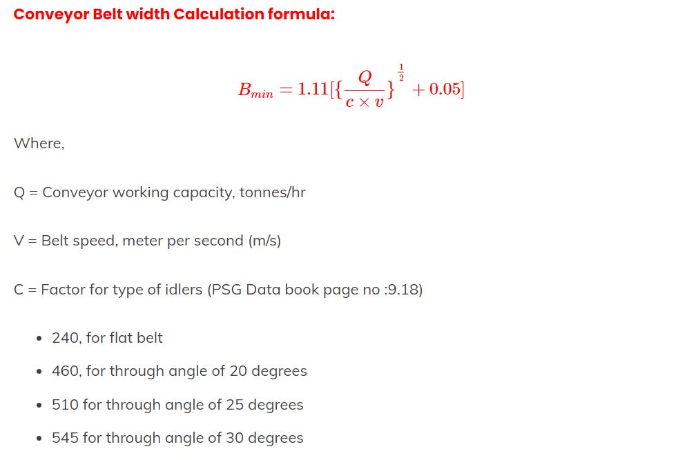 Conveyor Belt width Calculation formula